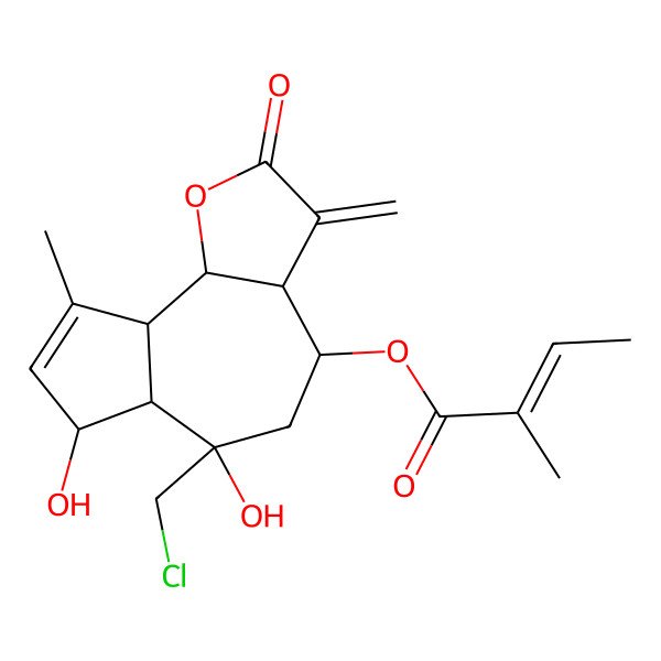 2D Structure of [(3aR,4R,6R,6aS,7S,9aR,9bS)-6-(chloromethyl)-6,7-dihydroxy-9-methyl-3-methylidene-2-oxo-4,5,6a,7,9a,9b-hexahydro-3aH-azuleno[4,5-b]furan-4-yl] (E)-2-methylbut-2-enoate