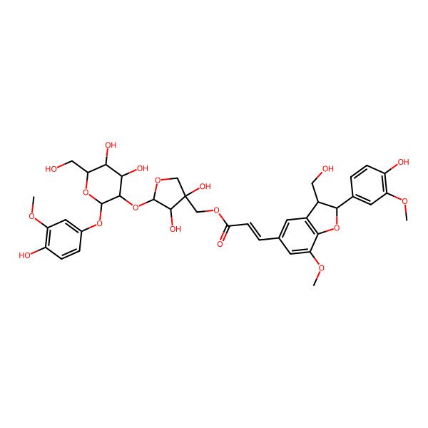 2D Structure of [5-[4,5-Dihydroxy-2-(4-hydroxy-3-methoxyphenoxy)-6-(hydroxymethyl)oxan-3-yl]oxy-3,4-dihydroxyoxolan-3-yl]methyl 3-[2-(4-hydroxy-3-methoxyphenyl)-3-(hydroxymethyl)-7-methoxy-2,3-dihydro-1-benzofuran-5-yl]prop-2-enoate