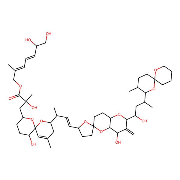 2D Structure of [(2E,4E,6S)-6,7-dihydroxy-2-methylhepta-2,4-dienyl] (2R)-3-[(2S,6R,8S,11R)-2-[(E,2R)-4-[(2S,2'R,4R,4aS,6R,8aR)-4-hydroxy-2-[(1S,3S)-1-hydroxy-3-[(2R,3R,6S)-3-methyl-1,7-dioxaspiro[5.5]undecan-2-yl]butyl]-3-methylidenespiro[4a,7,8,8a-tetrahydro-4H-pyrano[3,2-b]pyran-6,5'-oxolane]-2'-yl]but-3-en-2-yl]-11-hydroxy-4-methyl-1,7-dioxaspiro[5.5]undec-4-en-8-yl]-2-hydroxy-2-methylpropanoate