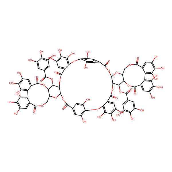 2D Structure of [4,5,6,18,19,20,23,24,25,38,42,43,44,56,57,58,61,62,63,76,77,79-Docosahydroxy-9,15,28,35,47,53,66,73-octaoxo-50-(3,4,5-trihydroxybenzoyl)oxy-2,10,14,29,32,34,40,48,52,67,70,72-dodecaoxatridecacyclo[72.2.2.236,39.03,8.011,33.013,31.016,21.022,27.041,46.049,71.051,69.054,59.060,65]octaconta-1(76),3,5,7,16,18,20,22,24,26,36,38,41,43,45,54,56,58,60,62,64,74,77,79-tetracosaen-12-yl] 3,4,5-trihydroxybenzoate