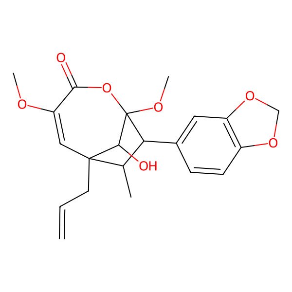 2D Structure of 8-(1,3-Benzodioxol-5-yl)-9-hydroxy-1,4-dimethoxy-7-methyl-6-prop-2-enyl-2-oxabicyclo[4.2.1]non-4-en-3-one