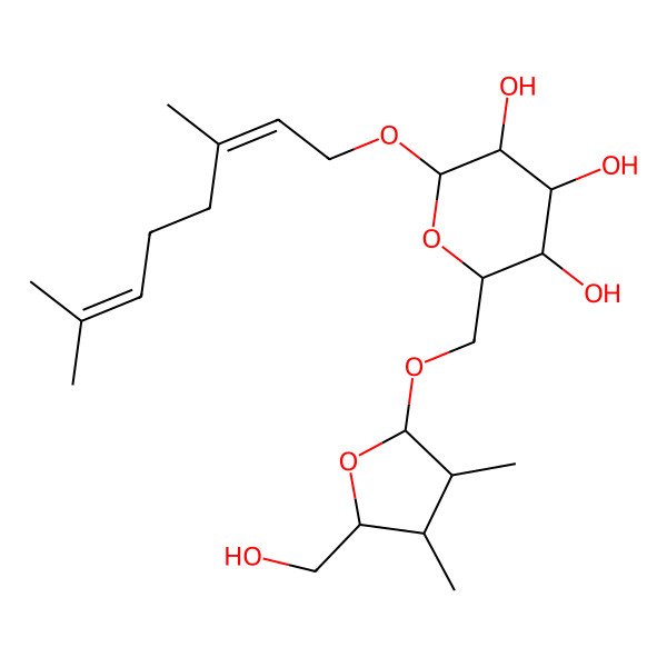 2D Structure of (2R,3R,4S,5S,6R)-2-[(2E)-3,7-dimethylocta-2,6-dienoxy]-6-[[(2R,3R,4R,5S)-5-(hydroxymethyl)-3,4-dimethyloxolan-2-yl]oxymethyl]oxane-3,4,5-triol
