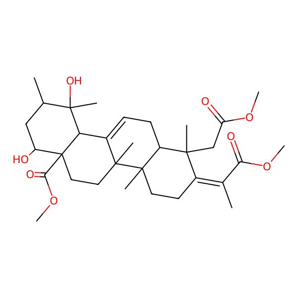 2D Structure of methyl (1R,2Z,4aR,4bS,6aS,7S,9R,10R,10aS,12aR)-7,10-dihydroxy-1-(2-methoxy-2-oxoethyl)-2-(1-methoxy-1-oxopropan-2-ylidene)-1,4a,4b,9,10-pentamethyl-3,4,5,6,7,8,9,10a,12,12a-decahydrochrysene-6a-carboxylate