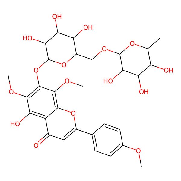 2D Structure of 5-hydroxy-6,8-dimethoxy-2-(4-methoxyphenyl)-7-[(2S,3R,4S,5S,6R)-3,4,5-trihydroxy-6-[[(2R,3S,4R,5R,6S)-3,4,5-trihydroxy-6-methyloxan-2-yl]oxymethyl]oxan-2-yl]oxychromen-4-one