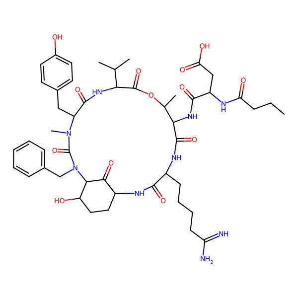 2D Structure of 4-[[15-(5-Amino-5-iminopentyl)-2-benzyl-21-hydroxy-5-[(4-hydroxyphenyl)methyl]-4,11-dimethyl-3,6,9,13,16,22-hexaoxo-8-propan-2-yl-10-oxa-2,4,7,14,17-pentazabicyclo[16.3.1]docosan-12-yl]amino]-3-(butanoylamino)-4-oxobutanoic acid