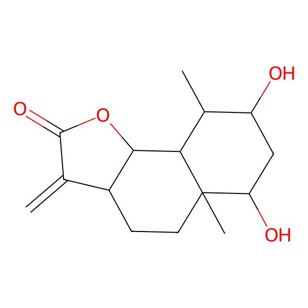 2D Structure of 6,8-dihydroxy-5a,9-dimethyl-3-methylidene-4,5,6,7,8,9,9a,9b-octahydro-3aH-benzo[g][1]benzofuran-2-one