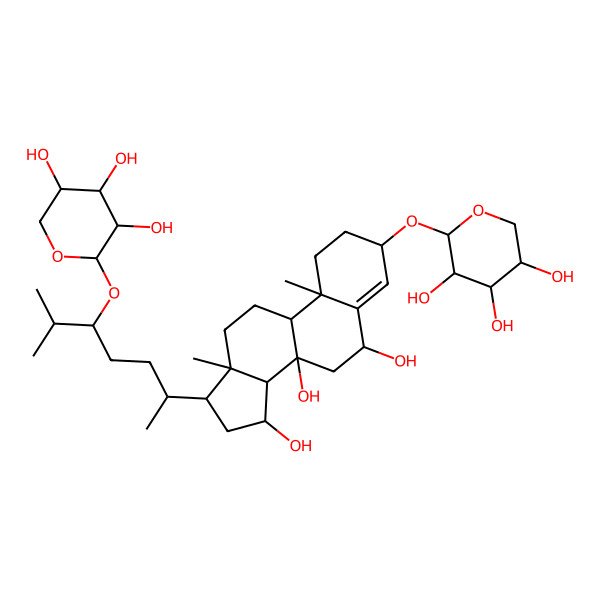 2D Structure of 2-[[6,8,15-Trihydroxy-10,13-dimethyl-17-[6-methyl-5-(3,4,5-trihydroxyoxan-2-yl)oxyheptan-2-yl]-1,2,3,6,7,9,11,12,14,15,16,17-dodecahydrocyclopenta[a]phenanthren-3-yl]oxy]oxane-3,4,5-triol