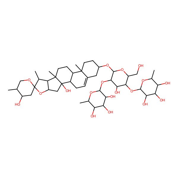 2D Structure of (2S,3R,4R,5R,6S)-2-[(2R,3S,4S,5R,6R)-6-[(1R,2R,4S,4'S,5'R,6R,7S,8R,9R,12S,13R,16S)-2,4'-dihydroxy-5',7,9,13-tetramethylspiro[5-oxapentacyclo[10.8.0.02,9.04,8.013,18]icos-18-ene-6,2'-oxane]-16-yl]oxy-4-hydroxy-2-(hydroxymethyl)-5-[(2S,3R,4R,5R,6S)-3,4,5-trihydroxy-6-methyloxan-2-yl]oxyoxan-3-yl]oxy-6-methyloxane-3,4,5-triol