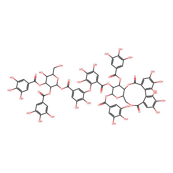 2D Structure of [3,4,5,21,22,23-Hexahydroxy-8,18-dioxo-11,13-bis[(3,4,5-trihydroxybenzoyl)oxy]-9,14,17-trioxatetracyclo[17.4.0.02,7.010,15]tricosa-1(23),2,4,6,19,21-hexaen-12-yl] 2-[2,3-dihydroxy-5-[5-hydroxy-6-(hydroxymethyl)-3,4-bis[(3,4,5-trihydroxybenzoyl)oxy]oxan-2-yl]oxycarbonylphenoxy]-3,4,5-trihydroxybenzoate