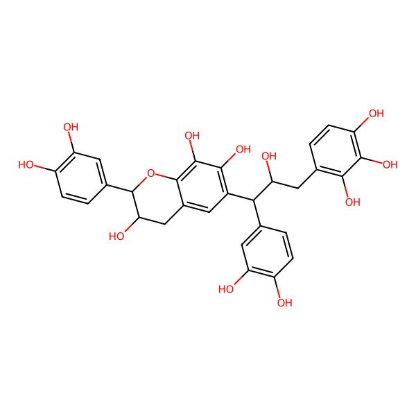 2D Structure of (2R,3S)-2-(3,4-dihydroxyphenyl)-6-[(1S,2R)-1-(3,4-dihydroxyphenyl)-2-hydroxy-3-(2,3,4-trihydroxyphenyl)propyl]-3,4-dihydro-2H-chromene-3,7,8-triol