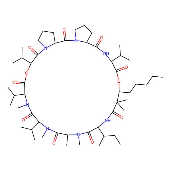 2D Structure of 21-Butan-2-yl-13,16,18,19,24,24-hexamethyl-25-pentyl-9,12,15,28-tetra(propan-2-yl)-10,26-dioxa-1,7,13,16,19,22,29-heptazatricyclo[29.3.0.03,7]tetratriacontane-2,8,11,14,17,20,23,27,30-nonone