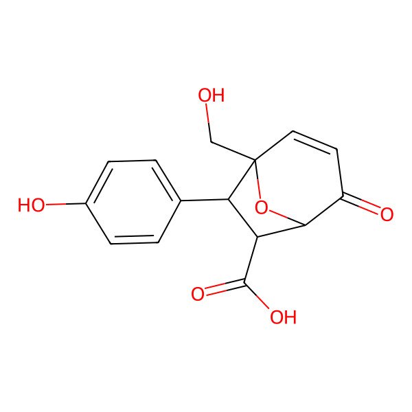 2D Structure of (1R,5R,6R,7S)-1-(hydroxymethyl)-7-(4-hydroxyphenyl)-4-oxo-8-oxabicyclo[3.2.1]oct-2-ene-6-carboxylic acid