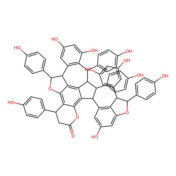 2D Structure of (1S,8S,9S,10S,11R,17R,21S)-11-[(2R,3S)-3-(3,5-dihydroxyphenyl)-6-hydroxy-2-(4-hydroxyphenyl)-2,3-dihydro-1-benzofuran-4-yl]-4,6-dihydroxy-8,10,17,21-tetrakis(4-hydroxyphenyl)-14,20-dioxahexacyclo[10.9.2.02,7.09,23.013,18.019,22]tricosa-2(7),3,5,12,18,22-hexaen-15-one
