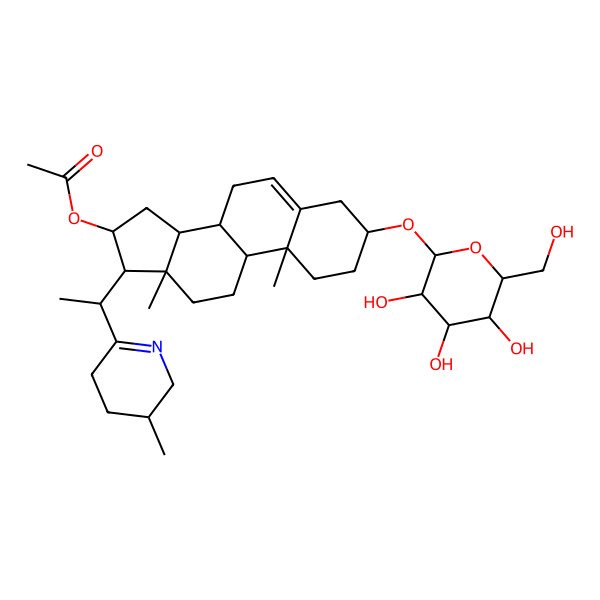 2D Structure of [(3R,8R,9R,10S,13S,14R,16R,17R)-10,13-dimethyl-17-[(1S)-1-[(3S)-3-methyl-2,3,4,5-tetrahydropyridin-6-yl]ethyl]-3-[(2S,3S,4S,5S,6S)-3,4,5-trihydroxy-6-(hydroxymethyl)oxan-2-yl]oxy-2,3,4,7,8,9,11,12,14,15,16,17-dodecahydro-1H-cyclopenta[a]phenanthren-16-yl] acetate