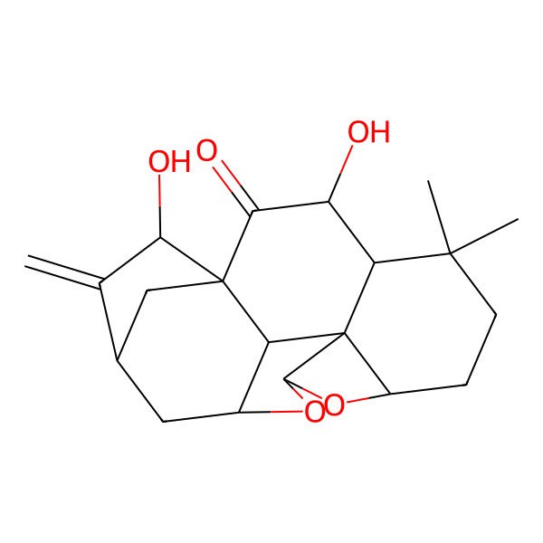 2D Structure of (1R,3R,4S,8R,10S,11R,12R,13S,15R,17S)-3,17-dihydroxy-5,5-dimethyl-16-methylidene-9,19-dioxahexacyclo[13.2.1.110,13.01,12.04,11.08,11]nonadecan-2-one