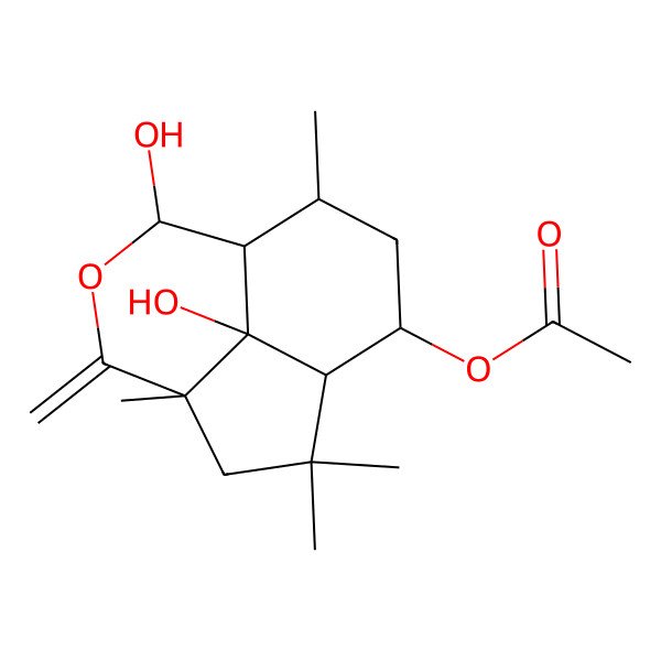 2D Structure of [(1R,4S,7R,8S,9R,11S,12S)-7,12-dihydroxy-2,2,4,9-tetramethyl-5-methylidene-6-oxatricyclo[6.3.1.04,12]dodecan-11-yl] acetate