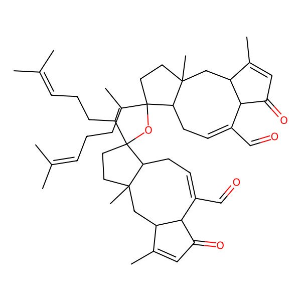 2D Structure of (1R,3S,7R,8E,11R,12S)-12-[[(1S,3R,6S,7R,9E,11R)-10-formyl-3,14-dimethyl-6-[(2S)-6-methylhept-5-en-2-yl]-12-oxo-6-tricyclo[9.3.0.03,7]tetradeca-9,13-dienyl]oxy]-1,4-dimethyl-12-[(2S)-6-methylhept-5-en-2-yl]-6-oxotricyclo[9.3.0.03,7]tetradeca-4,8-diene-8-carbaldehyde