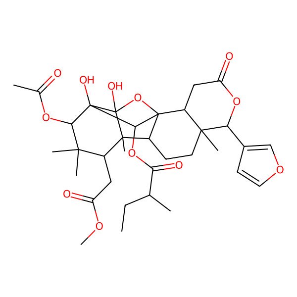 2D Structure of [(1S,2R,6R,7R,10R,11S,12S,14S,15S,16R,18R)-14-acetyloxy-6-(furan-3-yl)-15,16-dihydroxy-12-(2-methoxy-2-oxoethyl)-7,11,13,13-tetramethyl-4-oxo-5,17-dioxapentacyclo[13.2.1.01,10.02,7.011,16]octadecan-18-yl] (2R)-2-methylbutanoate