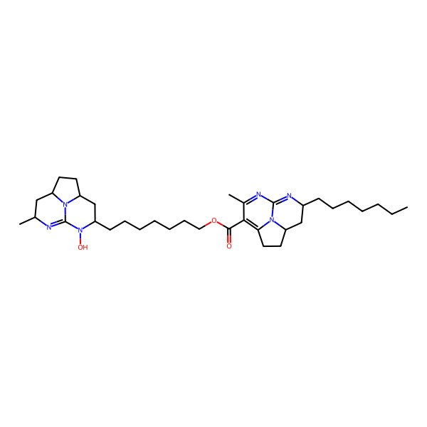 2D Structure of 7-[(1R,4S,6R,10S)-7-hydroxy-10-methyl-7,9,12-triazatricyclo[6.3.1.04,12]dodec-8-en-6-yl]heptyl (1S,10R)-10-heptyl-6-methyl-7,9,12-triazatricyclo[6.3.1.04,12]dodeca-4,6,8-triene-5-carboxylate
