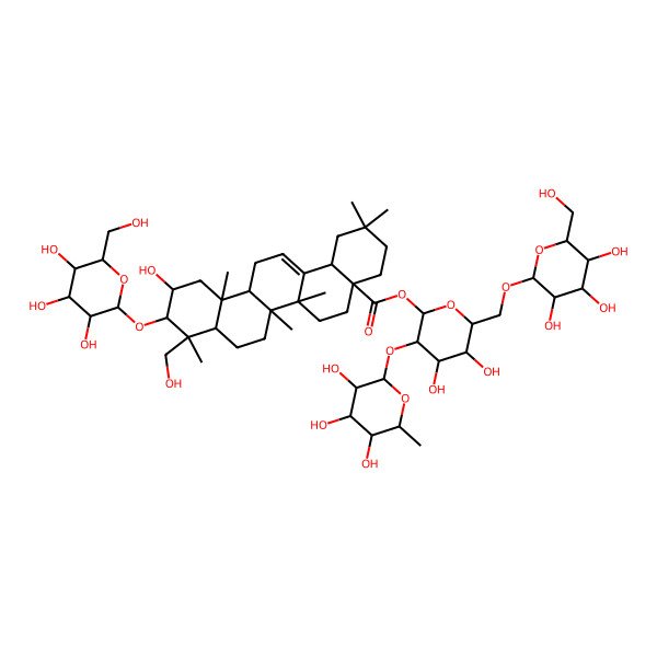 2D Structure of [(2S,3R,4S,5S,6R)-4,5-dihydroxy-6-[[(2R,3R,4S,5S,6R)-3,4,5-trihydroxy-6-(hydroxymethyl)oxan-2-yl]oxymethyl]-3-[(2S,3R,4R,5R,6S)-3,4,5-trihydroxy-6-methyloxan-2-yl]oxyoxan-2-yl] (4aS,6aR,6aS,6bR,8aR,9R,10S,11S,12aR,14bS)-11-hydroxy-9-(hydroxymethyl)-2,2,6a,6b,9,12a-hexamethyl-10-[(2R,3R,4S,5S,6R)-3,4,5-trihydroxy-6-(hydroxymethyl)oxan-2-yl]oxy-1,3,4,5,6,6a,7,8,8a,10,11,12,13,14b-tetradecahydropicene-4a-carboxylate
