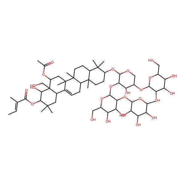 2D Structure of [5-Acetyloxy-10-[3-[4,5-dihydroxy-6-(hydroxymethyl)-3-(3,4,5-trihydroxy-6-methyloxan-2-yl)oxyoxan-2-yl]oxy-4-hydroxy-5-[3,4,5-trihydroxy-6-(hydroxymethyl)oxan-2-yl]oxyoxan-2-yl]oxy-4-hydroxy-4a-(hydroxymethyl)-2,2,6a,6b,9,9,12a-heptamethyl-1,3,4,5,6,6a,7,8,8a,10,11,12,13,14b-tetradecahydropicen-3-yl] 2-methylbut-2-enoate