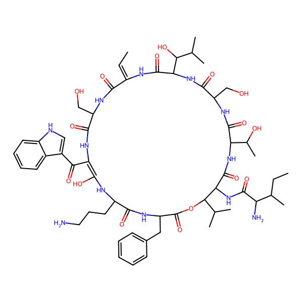 2D Structure of 2-amino-N-[(8E,15Z)-6-(3-aminopropyl)-3-benzyl-15-ethylidene-8-hydroxy-24-(1-hydroxyethyl)-12,21-bis(hydroxymethyl)-18-(1-hydroxy-2-methylpropyl)-9-(1H-indole-3-carbonyl)-2,5,11,14,17,20,23,26-octaoxo-28-propan-2-yl-1-oxa-4,7,10,13,16,19,22,25-octazacyclooctacos-8-en-27-yl]-3-methylpentanamide