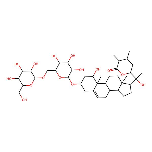 2D Structure of (3R,4R,6R)-6-[(1R)-1-hydroxy-1-[(1S,3R,8S,9S,10R,13S,14S,17S)-1-hydroxy-10,13-dimethyl-3-[(2R,3R,4S,5S,6R)-3,4,5-trihydroxy-6-[[(2R,3R,4S,5S,6R)-3,4,5-trihydroxy-6-(hydroxymethyl)oxan-2-yl]oxymethyl]oxan-2-yl]oxy-2,3,4,7,8,9,11,12,14,15,16,17-dodecahydro-1H-cyclopenta[a]phenanthren-17-yl]ethyl]-3,4-dimethyloxan-2-one