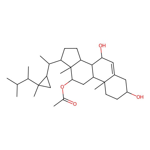 2D Structure of [(3S,7S,8R,9S,10R,12R,13R,14S,17R)-3,7-dihydroxy-10,13-dimethyl-17-[(1R)-1-[(1R,2R)-2-methyl-2-[(2R)-3-methylbutan-2-yl]cyclopropyl]ethyl]-2,3,4,7,8,9,11,12,14,15,16,17-dodecahydro-1H-cyclopenta[a]phenanthren-12-yl] acetate