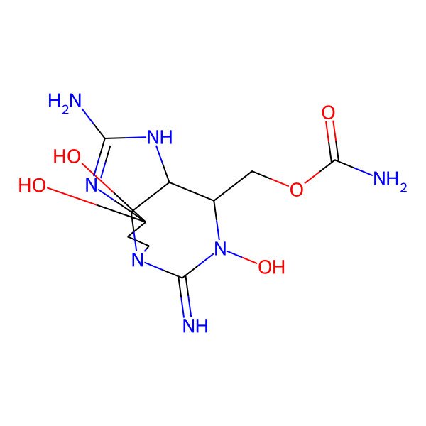 2D Structure of [(3aS,4R,10aS)-2-amino-5,10,10-trihydroxy-6-imino-3a,4,8,9-tetrahydro-3H-pyrrolo[1,2-c]purin-4-yl]methyl carbamate