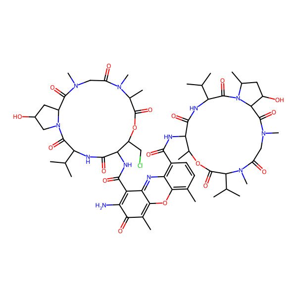 2D Structure of 2-amino-1-N-[7-(chloromethyl)-18-hydroxy-10,11,14-trimethyl-2,5,9,12,15-pentaoxo-3-propan-2-yl-8-oxa-1,4,11,14-tetrazabicyclo[14.3.0]nonadecan-6-yl]-9-N-[17-hydroxy-7,11,14,19-tetramethyl-2,5,9,12,15-pentaoxo-3,10-di(propan-2-yl)-8-oxa-1,4,11,14-tetrazabicyclo[14.3.0]nonadecan-6-yl]-4,6-dimethyl-3-oxophenoxazine-1,9-dicarboxamide