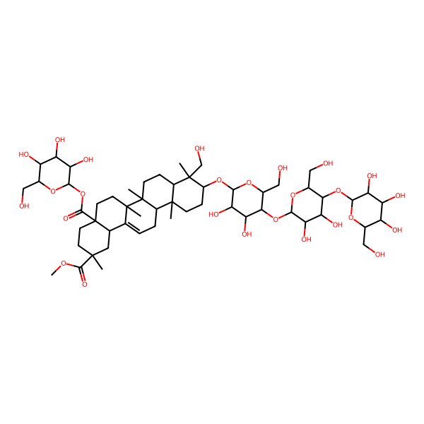 2D Structure of 2-O-methyl 4a-O-[(2S,3S,4R,5R,6S)-3,4,5-trihydroxy-6-(hydroxymethyl)oxan-2-yl] (2S,4aR,6aR,6aS,6bR,8aR,9R,10S,12aR,14bS)-10-[(2R,3R,4R,5S,6R)-5-[(2S,3R,4R,5S,6R)-3,4-dihydroxy-6-(hydroxymethyl)-5-[(2S,3R,4S,5S,6R)-3,4,5-trihydroxy-6-(hydroxymethyl)oxan-2-yl]oxyoxan-2-yl]oxy-3,4-dihydroxy-6-(hydroxymethyl)oxan-2-yl]oxy-9-(hydroxymethyl)-2,6a,6b,9,12a-pentamethyl-1,3,4,5,6,6a,7,8,8a,10,11,12,13,14b-tetradecahydropicene-2,4a-dicarboxylate