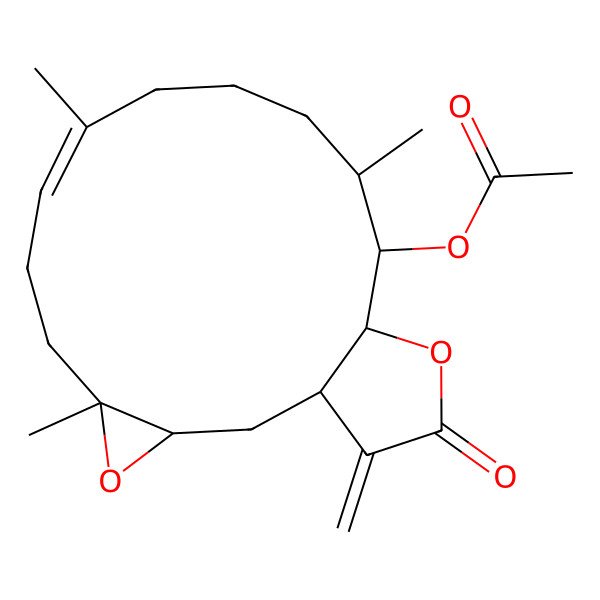2D Structure of 1a,5,9-Trimethyl-13-methylene-12-oxo-1a,2,3,6,7,8,9,10,10a,12,13,13a,14,14a-tetradecahydrooxireno[2',3':4,5]cyclotetradeca[1,2-b]furan-10-yl acetate