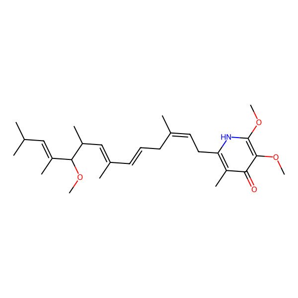 2D Structure of 2,3-dimethoxy-6-[(2E,5E,7E,9S,10S,11E)-10-methoxy-3,7,9,11,13-pentamethyltetradeca-2,5,7,11-tetraenyl]-5-methyl-1H-pyridin-4-one