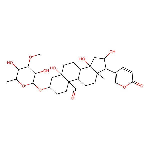 2D Structure of (3S,5S,8R,9S,10S,13R,14S,16S,17R)-3-[(2R,3S,4R,5S,6S)-3,5-dihydroxy-4-methoxy-6-methyloxan-2-yl]oxy-5,14,16-trihydroxy-13-methyl-17-(6-oxopyran-3-yl)-2,3,4,6,7,8,9,11,12,15,16,17-dodecahydro-1H-cyclopenta[a]phenanthrene-10-carbaldehyde