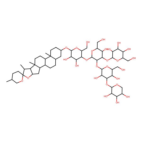 2D Structure of (2S,3R,4S,5R,6R)-2-[(2S,3R,4S,5R,6R)-2-[(2R,3S,4R,5R,6R)-4,5-dihydroxy-2-(hydroxymethyl)-6-[(1R,2S,4S,5'R,6R,7S,8R,9S,12S,13S,16S,18S)-5',7,9,13-tetramethylspiro[5-oxapentacyclo[10.8.0.02,9.04,8.013,18]icosane-6,2'-oxane]-16-yl]oxyoxan-3-yl]oxy-3-[(2S,3R,4S,5R,6R)-3,5-dihydroxy-6-(hydroxymethyl)-4-[(2S,3R,4S,5R)-3,4,5-trihydroxyoxan-2-yl]oxyoxan-2-yl]oxy-5-hydroxy-6-(hydroxymethyl)oxan-4-yl]oxy-6-(hydroxymethyl)oxane-3,4,5-triol