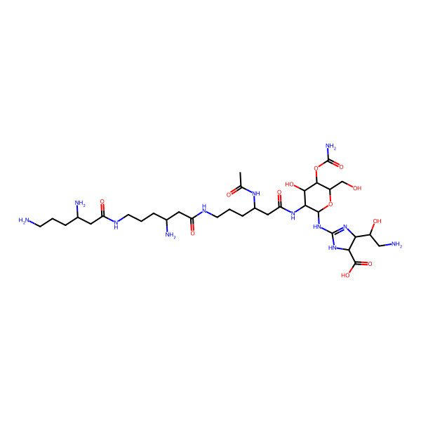 2D Structure of (4S,5S)-2-[[(2R,3R,4S,5R,6R)-3-[[(3S)-3-acetamido-6-[[(3S)-3-amino-6-[[(3S)-3,6-diaminohexanoyl]amino]hexanoyl]amino]hexanoyl]amino]-5-carbamoyloxy-4-hydroxy-6-(hydroxymethyl)oxan-2-yl]amino]-4-[(1R)-2-amino-1-hydroxyethyl]-4,5-dihydro-1H-imidazole-5-carboxylic acid