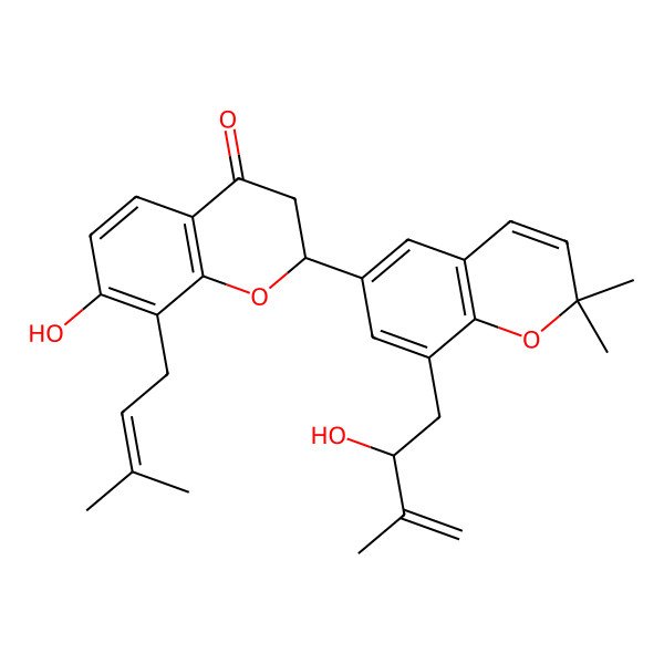 2D Structure of (2S)-7-hydroxy-2-[8-[(2R)-2-hydroxy-3-methylbut-3-enyl]-2,2-dimethylchromen-6-yl]-8-(3-methylbut-2-enyl)-2,3-dihydrochromen-4-one