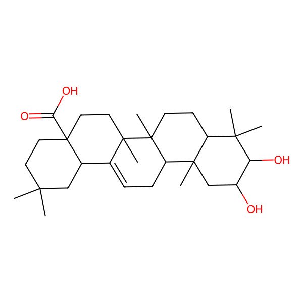 2D Structure of (4aS,6aS,6bR,10S,11R,12aR)-10,11-dihydroxy-2,2,6a,6b,9,9,12a-heptamethyl-1,3,4,5,6,6a,7,8,8a,10,11,12,13,14b-tetradecahydropicene-4a-carboxylic acid