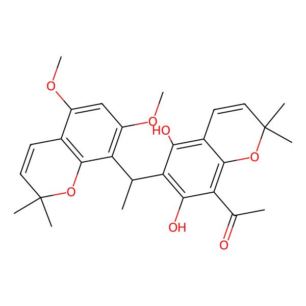 2D Structure of 1-[6-[1-(5,7-Dimethoxy-2,2-dimethylchromen-8-yl)ethyl]-5,7-dihydroxy-2,2-dimethylchromen-8-yl]ethanone