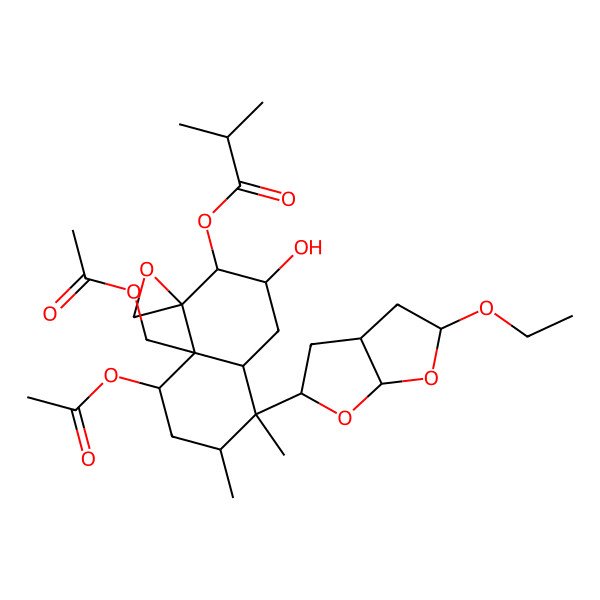 2D Structure of [8-acetyloxy-8a-(acetyloxymethyl)-5-(5-ethoxy-2,3,3a,4,5,6a-hexahydrofuro[2,3-b]furan-2-yl)-3-hydroxy-5,6-dimethylspiro[3,4,4a,6,7,8-hexahydro-2H-naphthalene-1,2'-oxirane]-2-yl] 2-methylpropanoate