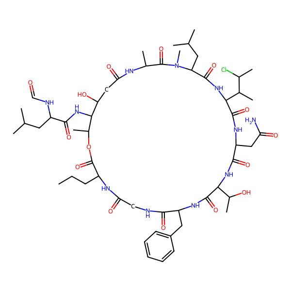 2D Structure of (2R)-N-[(3R,9S,12R,15S,18S,21R,24R,28R,29R,30S)-15-(2-amino-2-oxoethyl)-9-benzyl-18-[(2S,3R)-3-chlorobutan-2-yl]-28-hydroxy-12-[(1R)-1-hydroxyethyl]-22,24,30-trimethyl-21-(2-methylpropyl)-2,5,8,11,14,17,20,23,26-nonaoxo-3-propyl-1-oxa-4,7,10,13,16,19,22,25-octazacyclotriacont-29-yl]-2-formamido-4-methylpentanamide