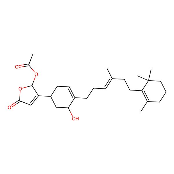 2D Structure of [(2S)-3-[(1R,5S)-5-hydroxy-4-[(E)-4-methyl-6-(2,6,6-trimethylcyclohexen-1-yl)hex-3-enyl]cyclohex-3-en-1-yl]-5-oxo-2H-furan-2-yl] acetate