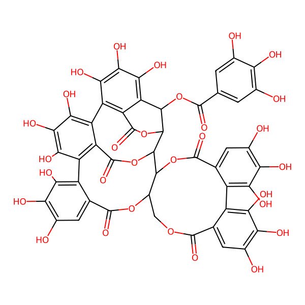 2D Structure of (7,8,9,12,13,14,25,26,27,30,31,32,35,36,37-Pentadecahydroxy-4,17,22,40,44-pentaoxo-3,18,21,41,43-pentaoxanonacyclo[27.13.3.138,42.02,20.05,10.011,16.023,28.033,45.034,39]hexatetraconta-5,7,9,11,13,15,23,25,27,29(45),30,32,34(39),35,37-pentadecaen-46-yl) 3,4,5-trihydroxybenzoate