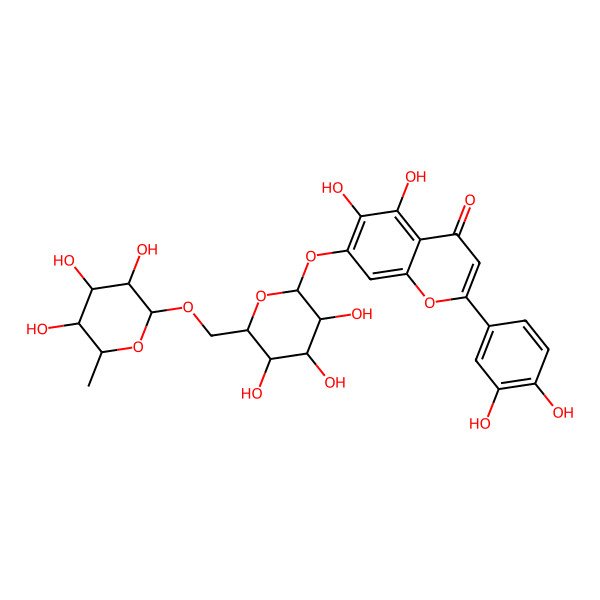 2D Structure of 2-(3,4-dihydroxyphenyl)-5,6-dihydroxy-7-[(2S,3S,4S,5S,6R)-3,4,5-trihydroxy-6-[[(2R,3R,4S,5R,6R)-3,4,5-trihydroxy-6-methyloxan-2-yl]oxymethyl]oxan-2-yl]oxychromen-4-one
