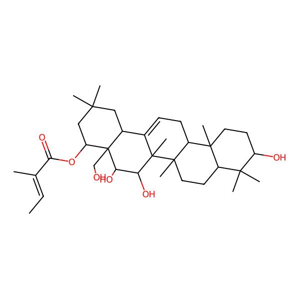 2D Structure of [(4S,4aR,5S,6R,6aR,6aS,6bR,8aR,10S,12aR,14bS)-5,6,10-trihydroxy-4a-(hydroxymethyl)-2,2,6a,6b,9,9,12a-heptamethyl-1,3,4,5,6,6a,7,8,8a,10,11,12,13,14b-tetradecahydropicen-4-yl] (Z)-2-methylbut-2-enoate