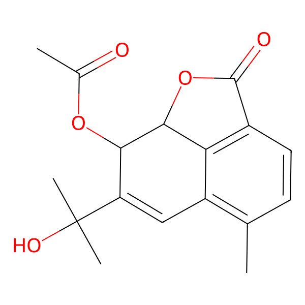 2D Structure of [10-(2-Hydroxypropan-2-yl)-7-methyl-3-oxo-2-oxatricyclo[6.3.1.04,12]dodeca-4(12),5,7,9-tetraen-11-yl] acetate