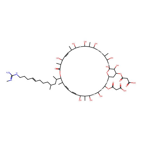 2D Structure of 3-[[35-(2-carboxyacetyl)oxy-5,7,9,19,23,25,27,31,33,34-decahydroxy-8,14,18,22,26,30-hexamethyl-15-[4-methyl-12-[(N'-methylcarbamimidoyl)amino]dodec-8-en-2-yl]-17-oxo-16,37-dioxabicyclo[31.3.1]heptatriaconta-10,12,20-trien-3-yl]oxy]-3-oxopropanoic acid