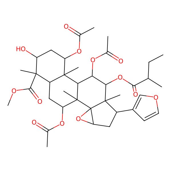 2D Structure of Methyl 9,12,18-triacetyloxy-6-(furan-3-yl)-14-hydroxy-1,7,11,15-tetramethyl-8-(2-methylbutanoyloxy)-3-oxapentacyclo[8.8.0.02,4.02,7.011,16]octadecane-15-carboxylate