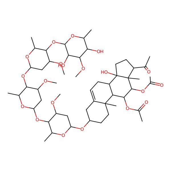 2D Structure of [17-Acetyl-12-acetyloxy-3-[5-[5-[5-(3,5-dihydroxy-4-methoxy-6-methyloxan-2-yl)oxy-4-methoxy-6-methyloxan-2-yl]oxy-4-methoxy-6-methyloxan-2-yl]oxy-4-methoxy-6-methyloxan-2-yl]oxy-14-hydroxy-10,13-dimethyl-1,2,3,4,7,8,9,11,12,15,16,17-dodecahydrocyclopenta[a]phenanthren-11-yl] acetate