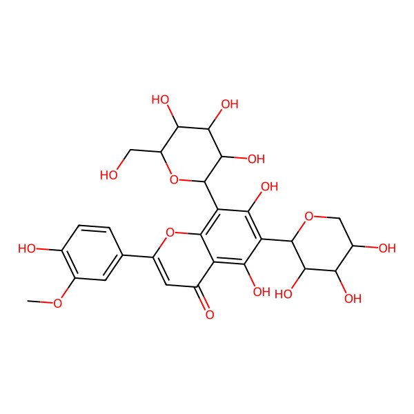 2D Structure of 5,7-dihydroxy-2-(4-hydroxy-3-methoxyphenyl)-8-[(2S,3R,4R,5S,6R)-3,4,5-trihydroxy-6-(hydroxymethyl)oxan-2-yl]-6-[(2S,3S,4R,5S)-3,4,5-trihydroxyoxan-2-yl]chromen-4-one